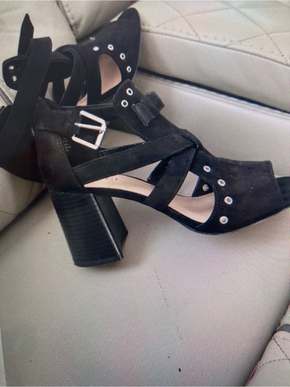 Women's Black Suede Strappy Block Heel Sandals with Grommet Detail